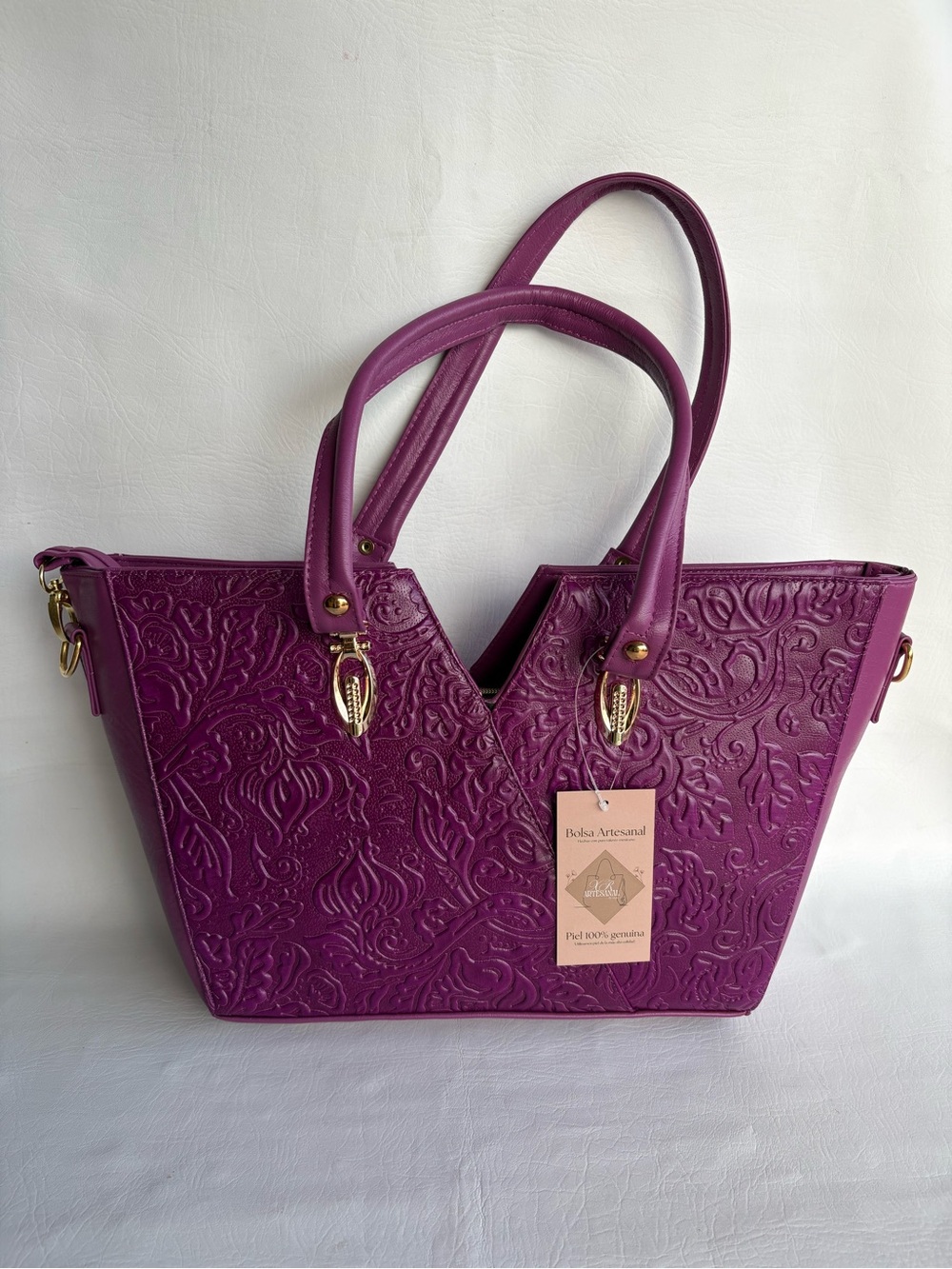 Artisanal Purple Floral Embossed Tote Bag Genuine  Leather
